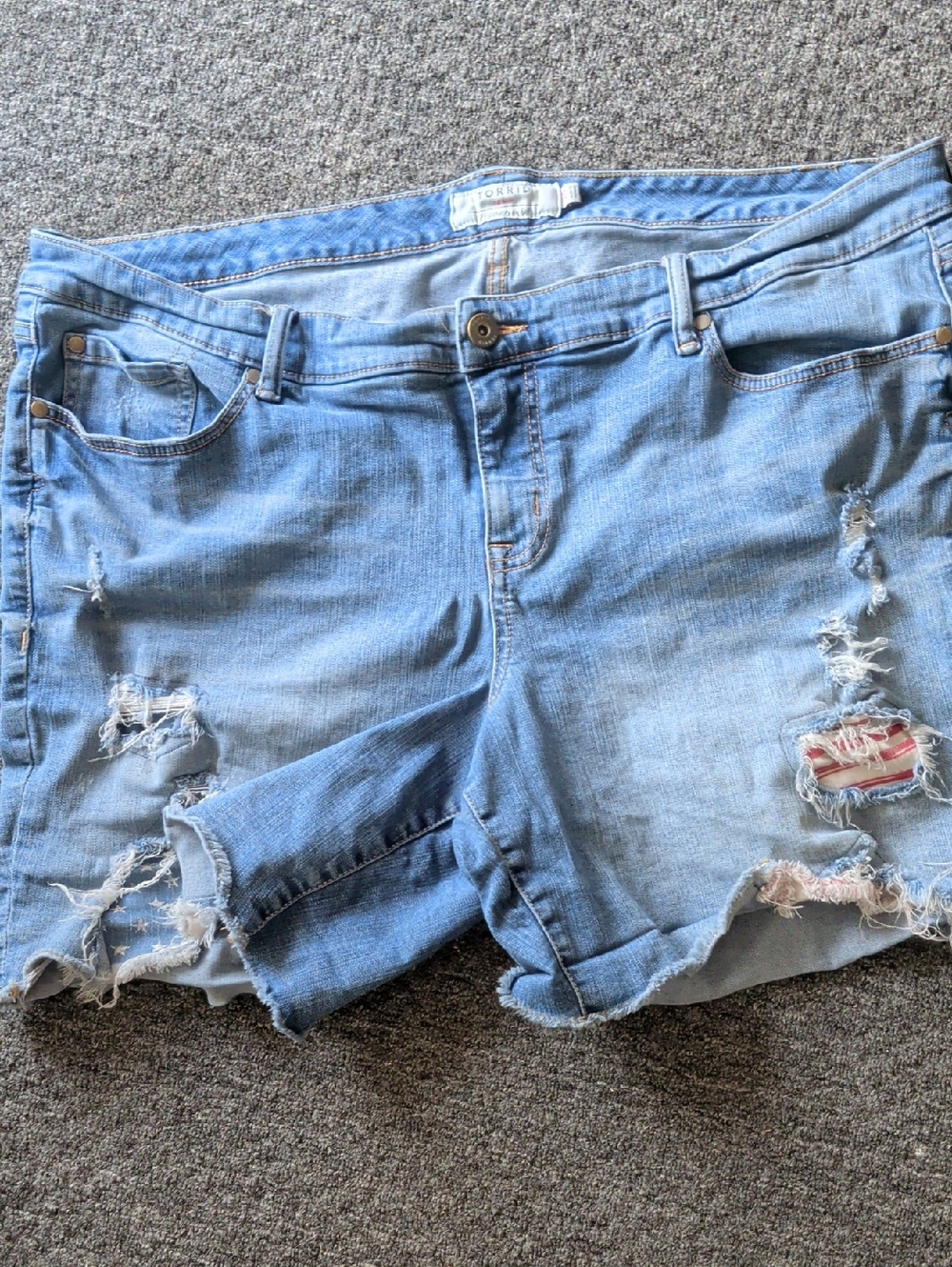 Torrid jean shorts distressed with red and white stripes Summer Shorts